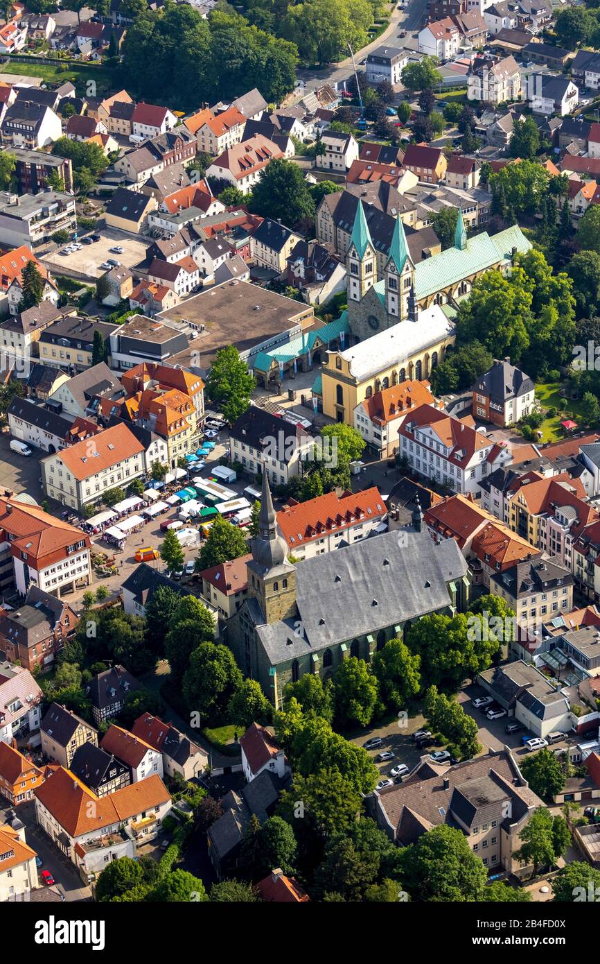Aerial view of downtown Werl with market square and pilgrimage basilica and St. Walburga church in Werl, Soester Börde, North Rhine-Westphalia, Germany, Werl Stock Photo
