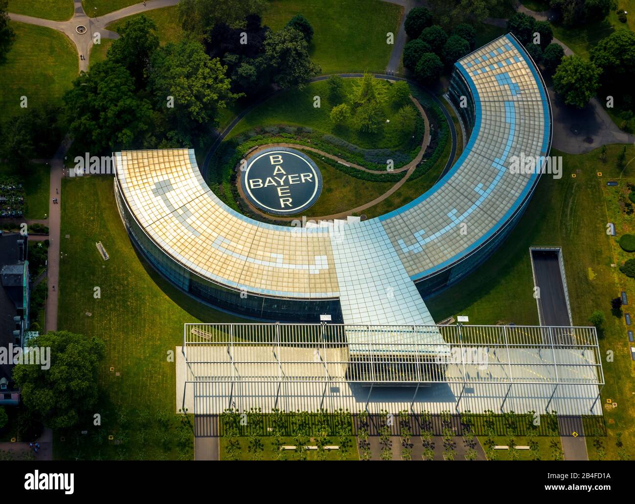 Aerial view of CHEMPARK Leverkusen Bayer AG Plant with headquarters of Bayer and LANXESS Aktiengesellschaft at Carl-Duisberg-Park in Leverkusen in the German state of North Rhine-Westphalia, Germany, Stock Photo