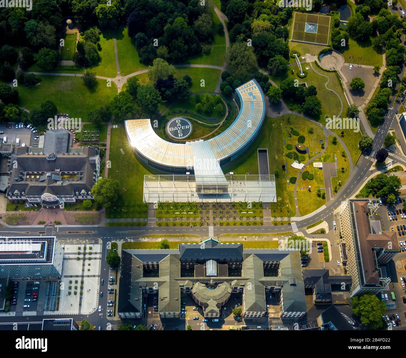 Aerial view of CHEMPARK Leverkusen Bayer AG Plant with headquarters of Bayer and LANXESS Aktiengesellschaft at Carl-Duisberg-Park in Leverkusen in the German state of North Rhine-Westphalia, Germany, Stock Photo