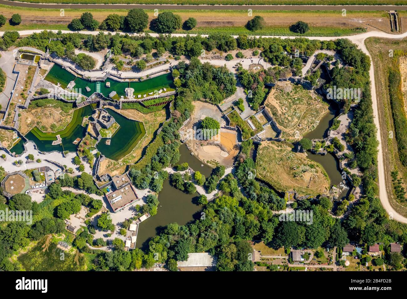 Aerial view of the Gelsenkirchen Zoo ZOOM Adventure World with Africa, Asia and Alaska areas, playgrounds, boat tours and restaurants in Gelsenkirchen in the Ruhr Area in North Rhine-Westphalia in Germany, Gelsenkirchen, Ruhr Area, North Rhine-Westphalia, Germany, Stock Photo