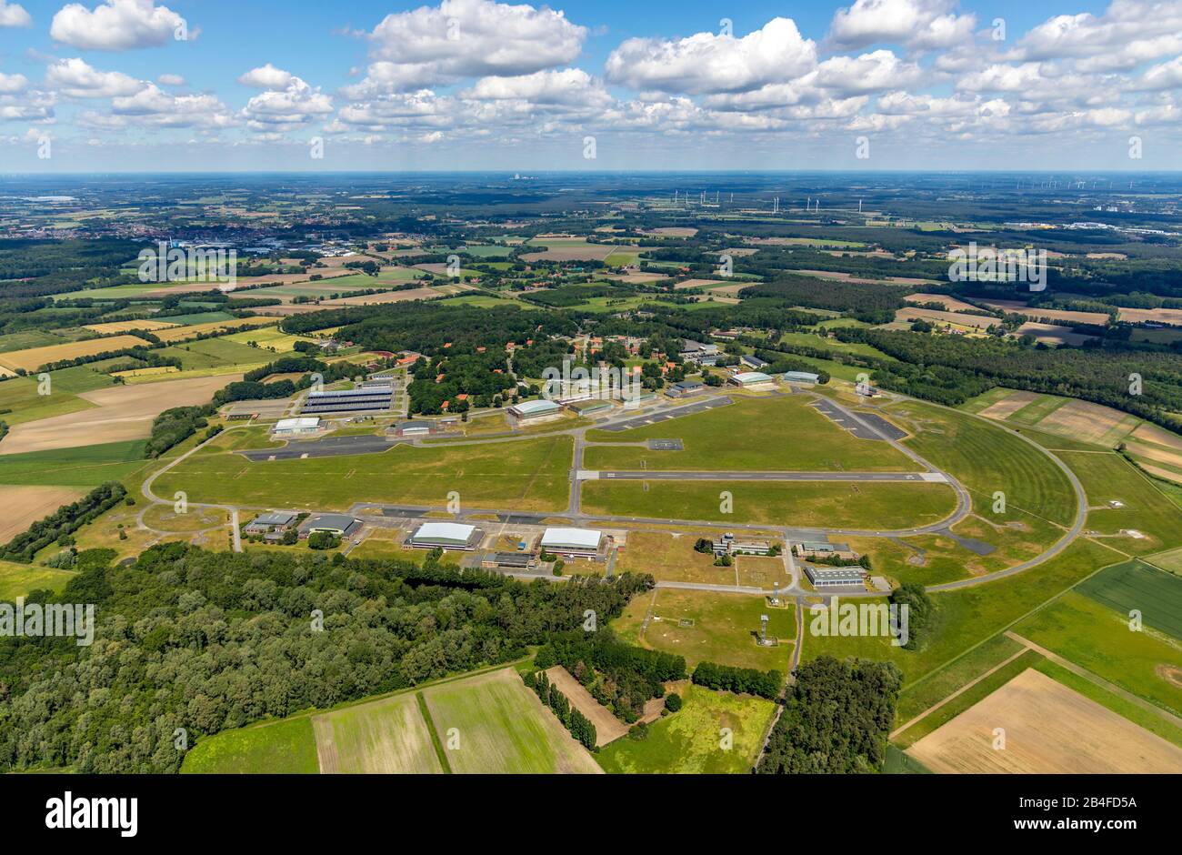 Aerial view of the former military helipad Rheine-Bentlage, now Technisches Hilfswerk (THW), with closed runway in Bentlage, Rheine, in the federal state North Rhine-Westphalia, Germany Stock Photo