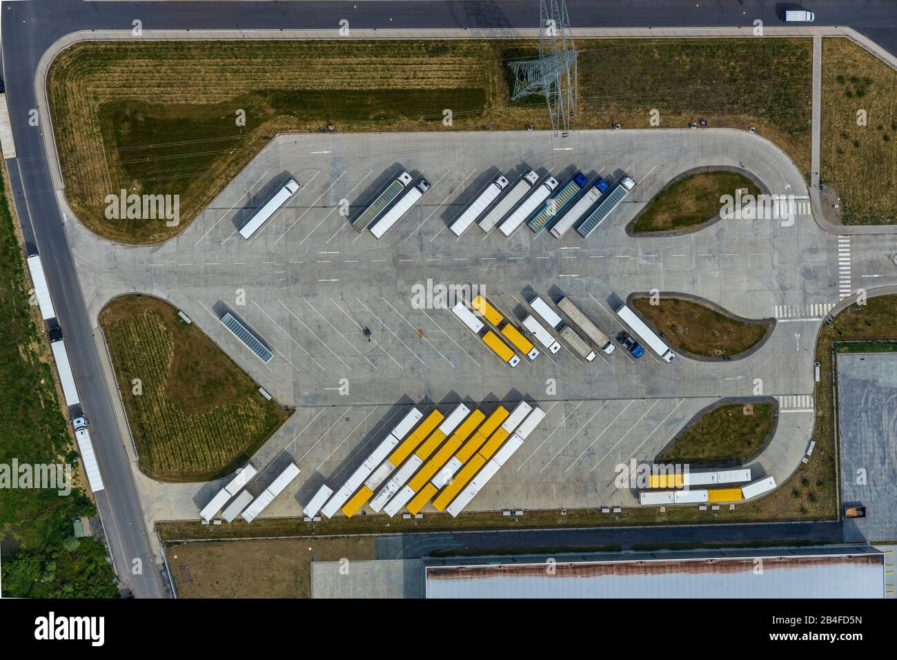 Aerial view of the truck parking lot of the logistics centre Amazon Logistik Werne GmbH - DTM1 in Werne, Ruhr area, North Rhine-Westphalia, Germany Stock Photo