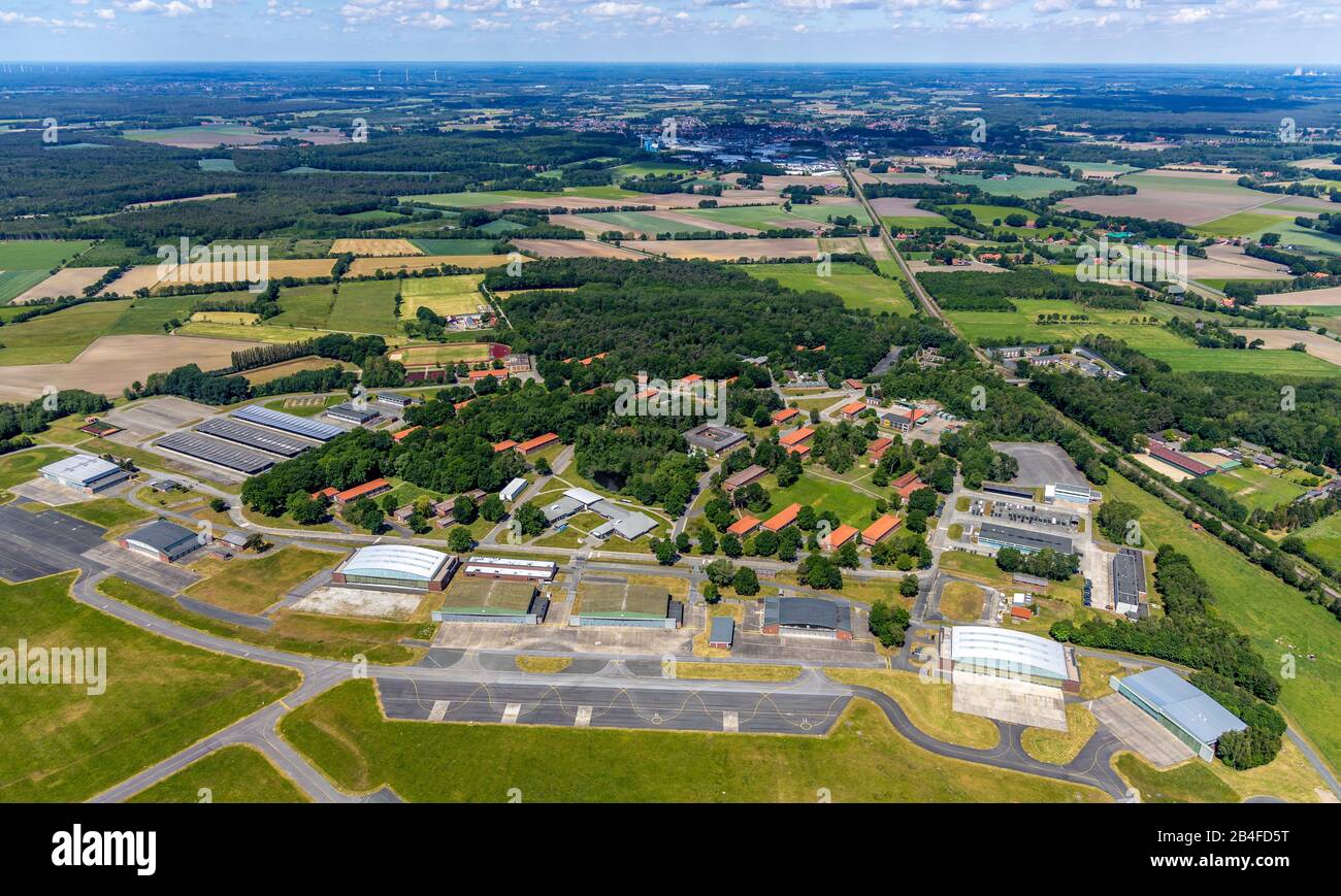Aerial view of the former military helipad Rheine-Bentlage, now Technisches Hilfswerk (THW), with closed runway in Bentlage, Rheine, in the federal state North Rhine-Westphalia, Germany Stock Photo