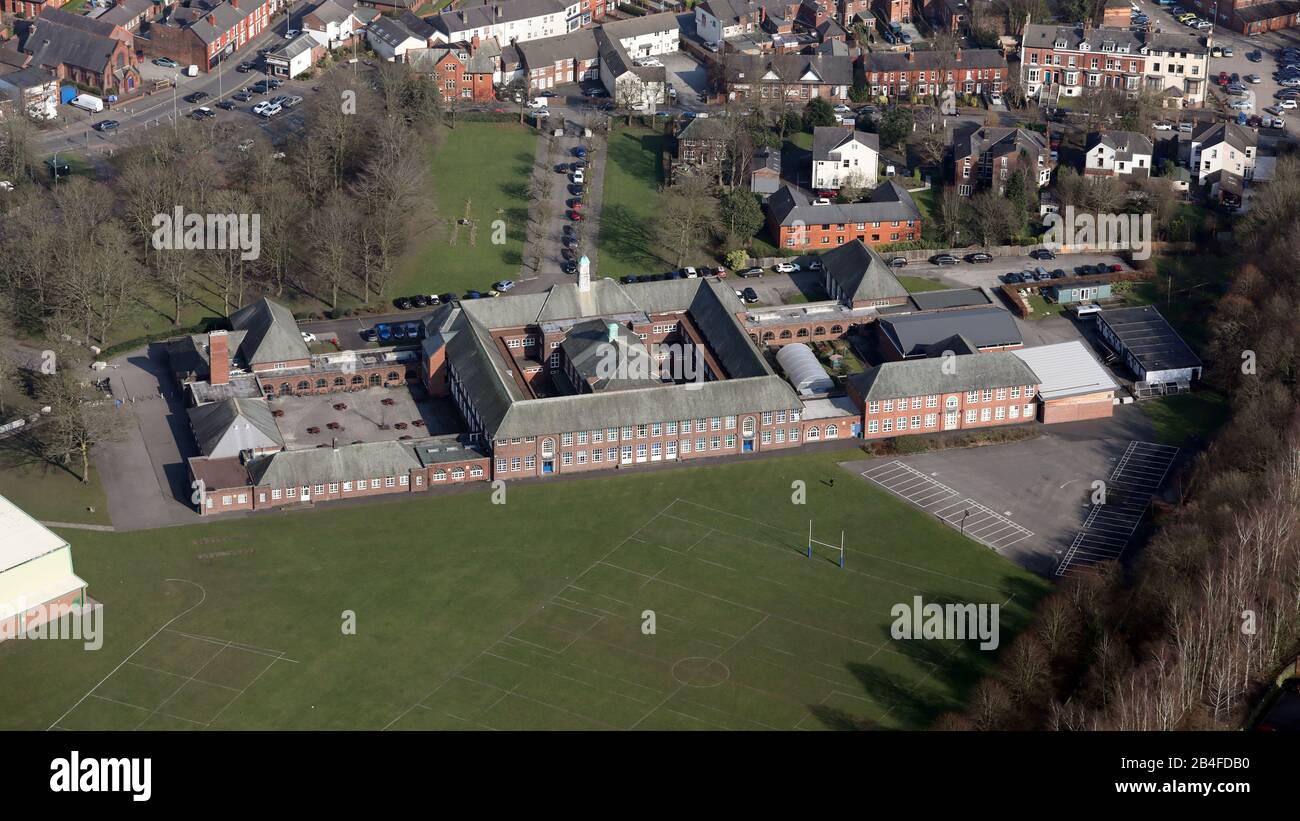 aerial view of Sir Thomas Boteler C Of E High School, Warrington, Cheshire Stock Photo