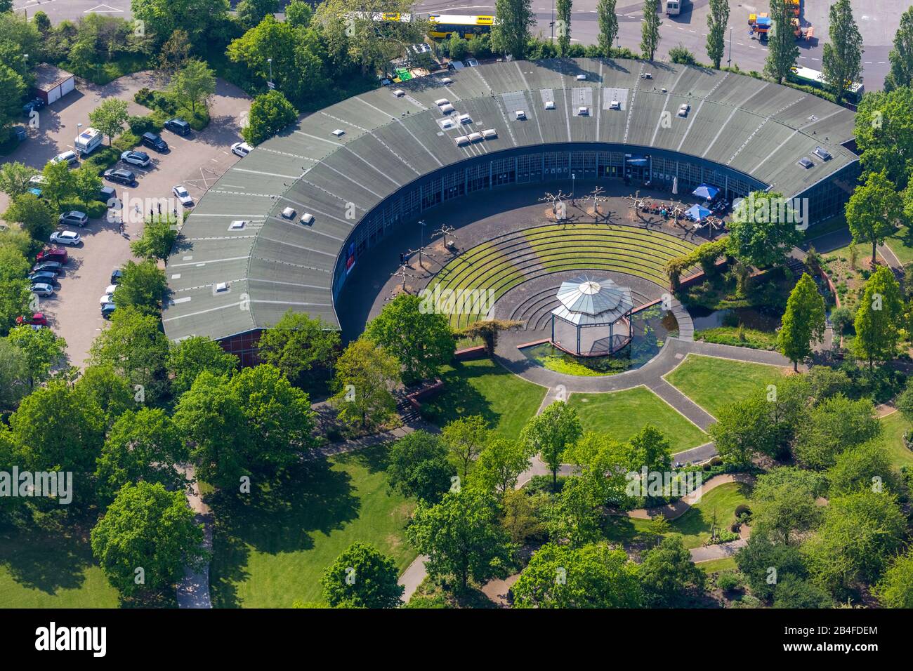 Aerial view of the Ringlokschuppen Mülheim an der Ruhr, cultural centre in an old railway depot with live artists, youth theatre and open-air events, in Mülheim an der Ruhr in the Ruhr area in the federal state of North Rhine-Westphalia, Germany. Stock Photo
