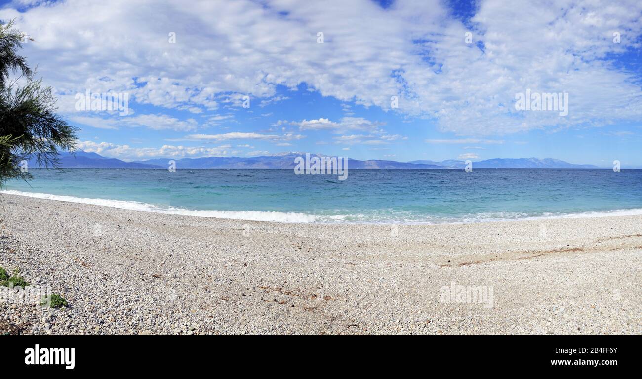 Pebble beach at northern Peloponnese, peninsula Peloponnese, southern Greece, Greece Stock Photo
