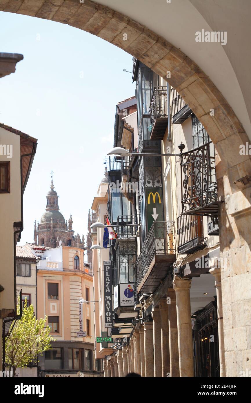 Rua Mayor with archway to Plaza Mayor Square, Salamanca, Castile and Leon, Spain, Europe Stock Photo