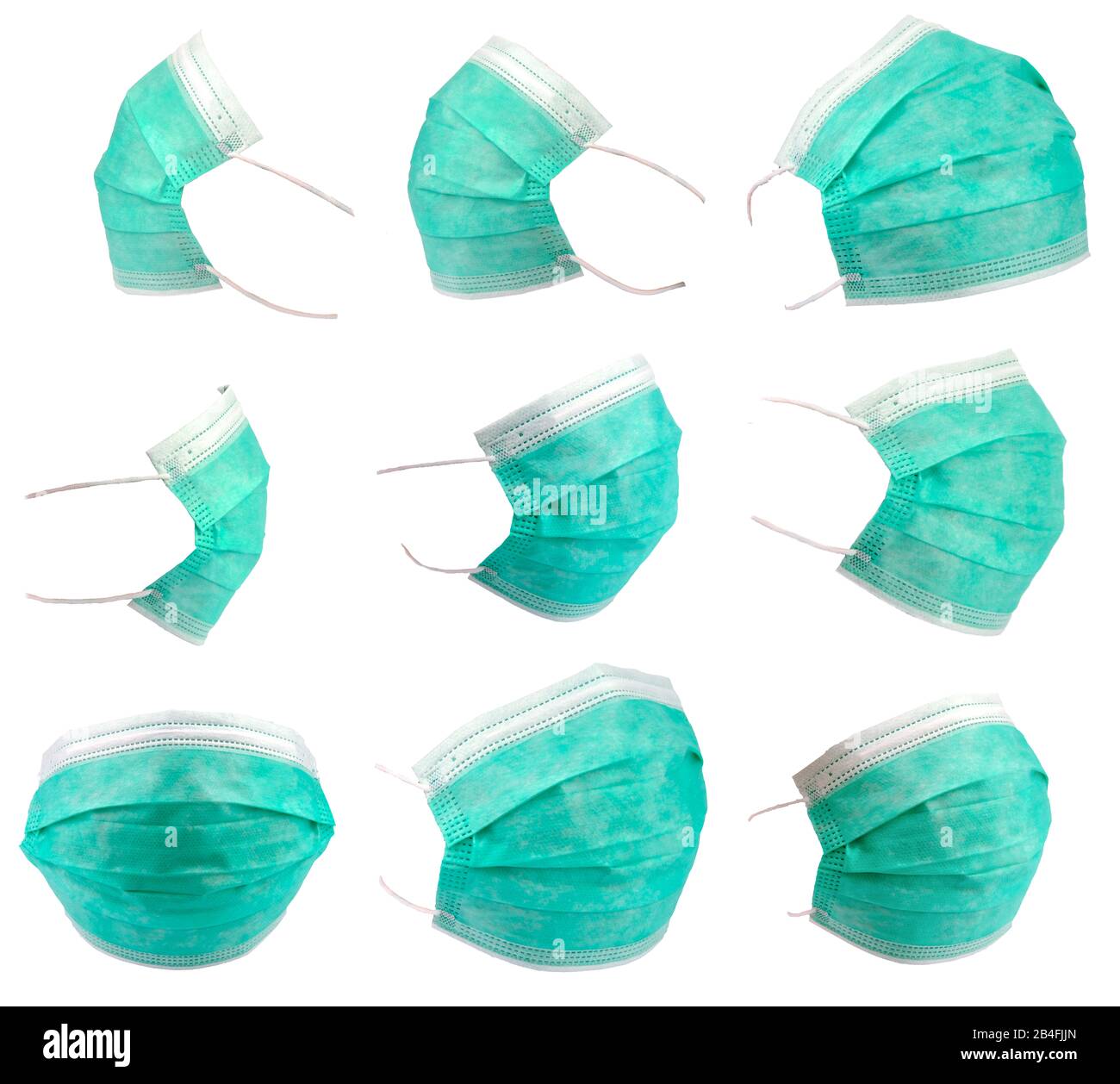 Set of green anti virus surgical face masks, isolated on white. Element for digital photo montage. Fine and accurate cut. Very high resolution photo, Stock Photo