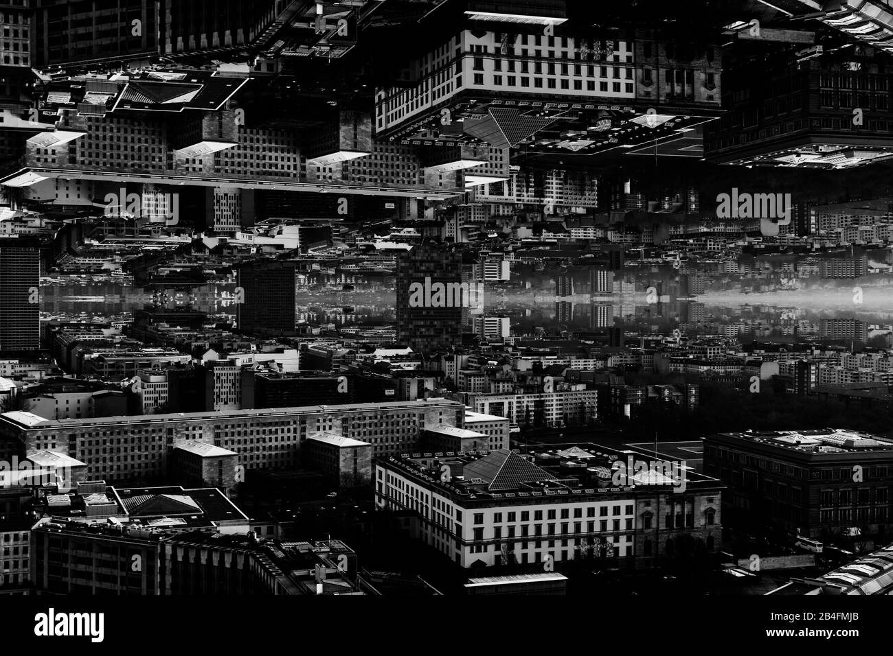 Panoramic view over the roofs of Berlin, mirrored a surreal look Stock Photo