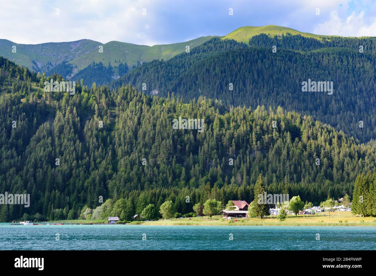 Weissensee, lake Weissensee east end, lido Stockenboi in Kärnten / Carinthia, Austria Stock Photo