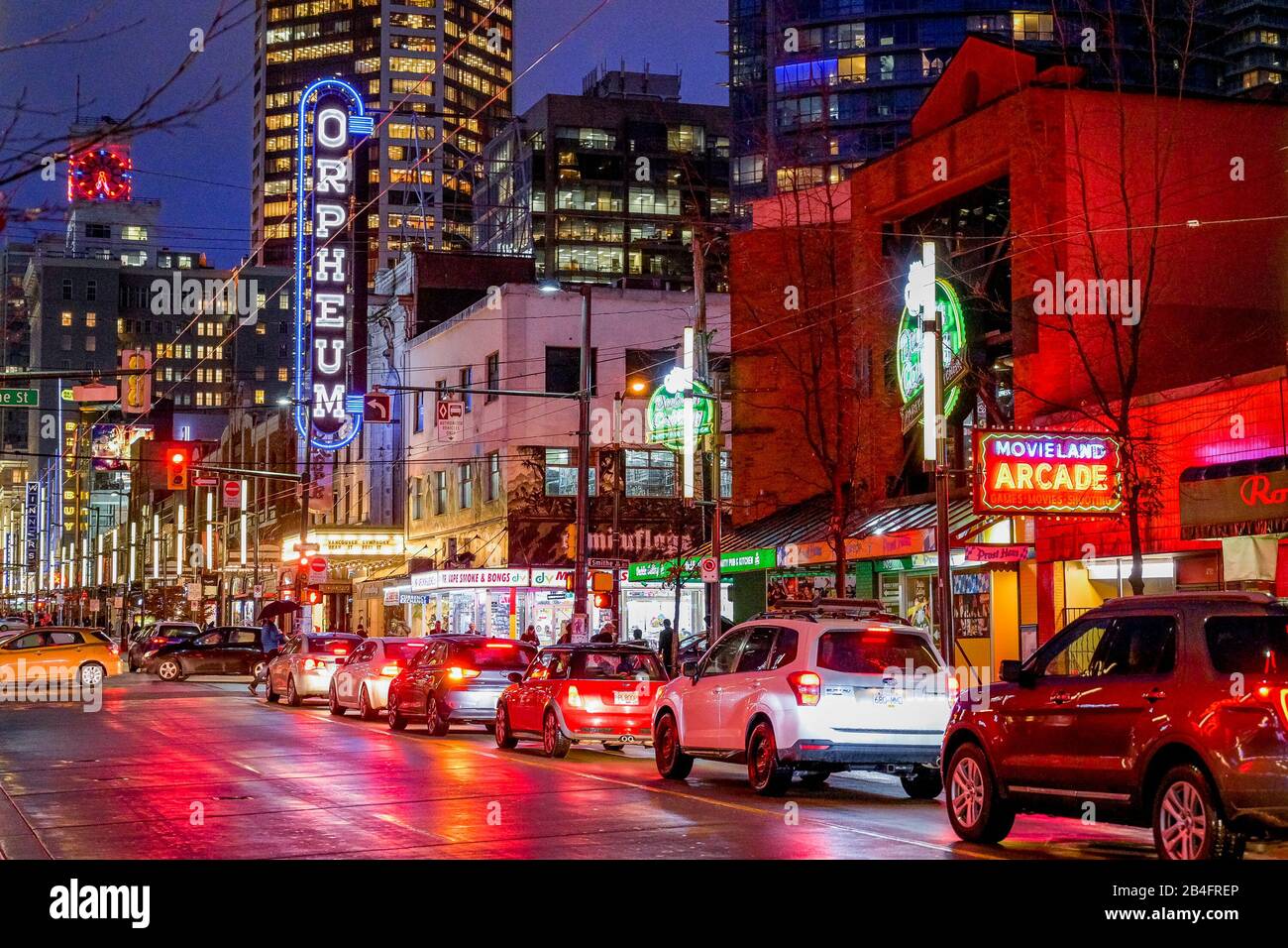 Night, Granville Street, downtown, Vancouver, British Columbia, Canada Stock Photo