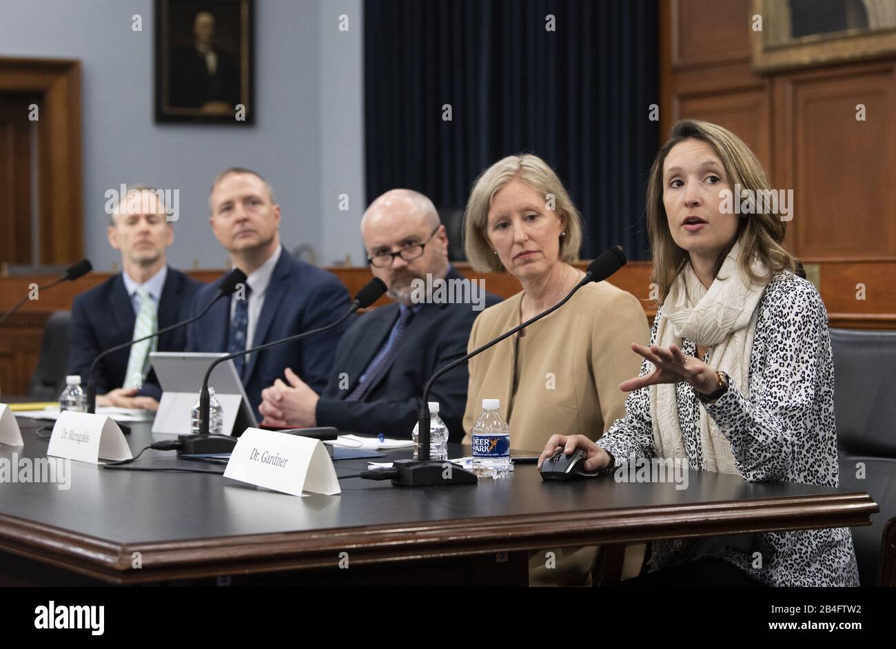Washington, United States. 06th Mar, 2020. Lauren Gardner (R), co-director of the Center for.Systems Science and Engineering at Johns Hopkins University, speaks on the Coronavirus Tracking Map that her team developed and that is being implemented worldwide to track the spread of the virus, during a briefing on the virus and the best ways to mobilize resources and improve care and response, on Capitol Hill in Washington, DC on March 6, 2020. Credit: UPI/Alamy Live News Stock Photo