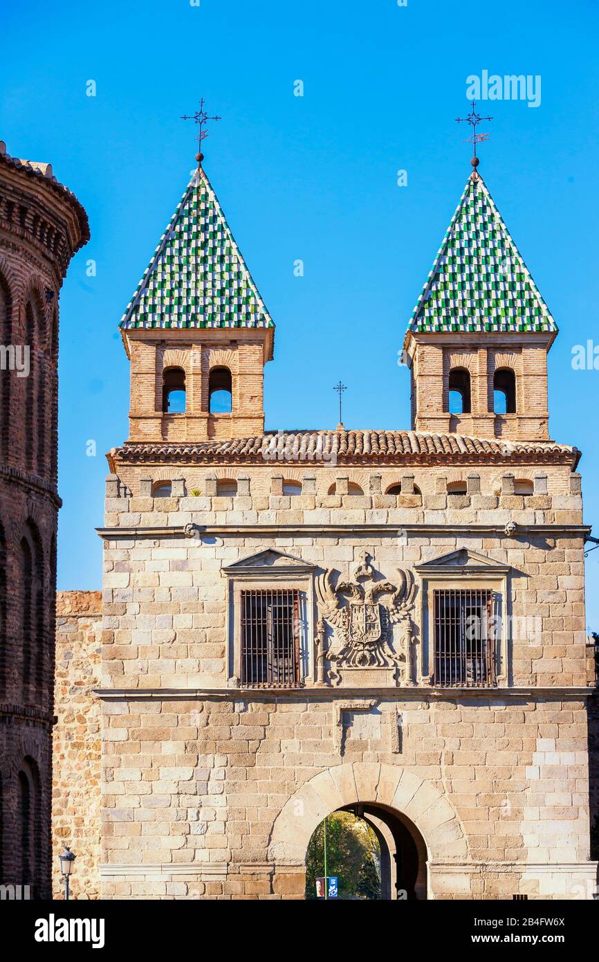 Towers of the Puertas de Bisagra, Toledo, Castilla La Mancha,   Spain, Europe Stock Photo