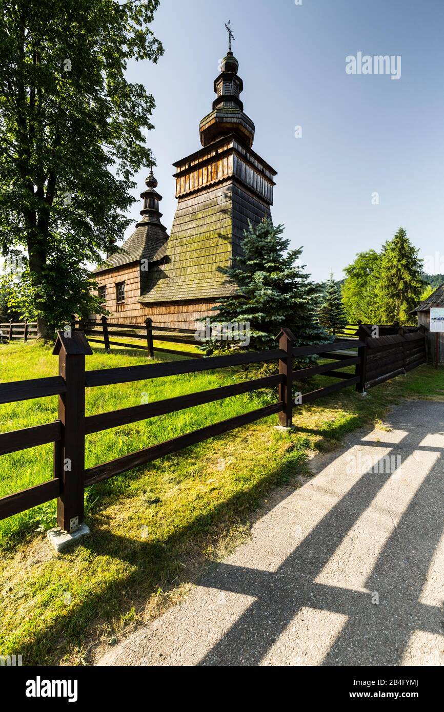 Europe, Poland, Lesser Poland Province, Wooden Architecture Route, The Greek Catholic Filial Church of St. Cosmas and St. Damian in Skwirtne Stock Photo