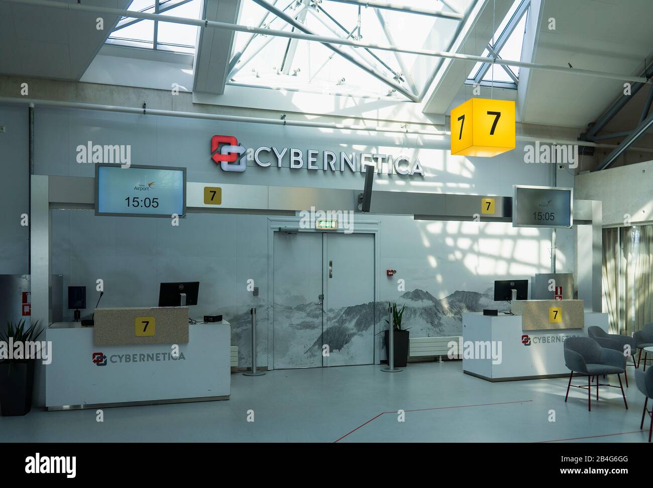 Estonia, Tallinn, airport, Lennart Meri Airport, modern passenger terminal, Gate 7, 'Cybernetica'. Stock Photo