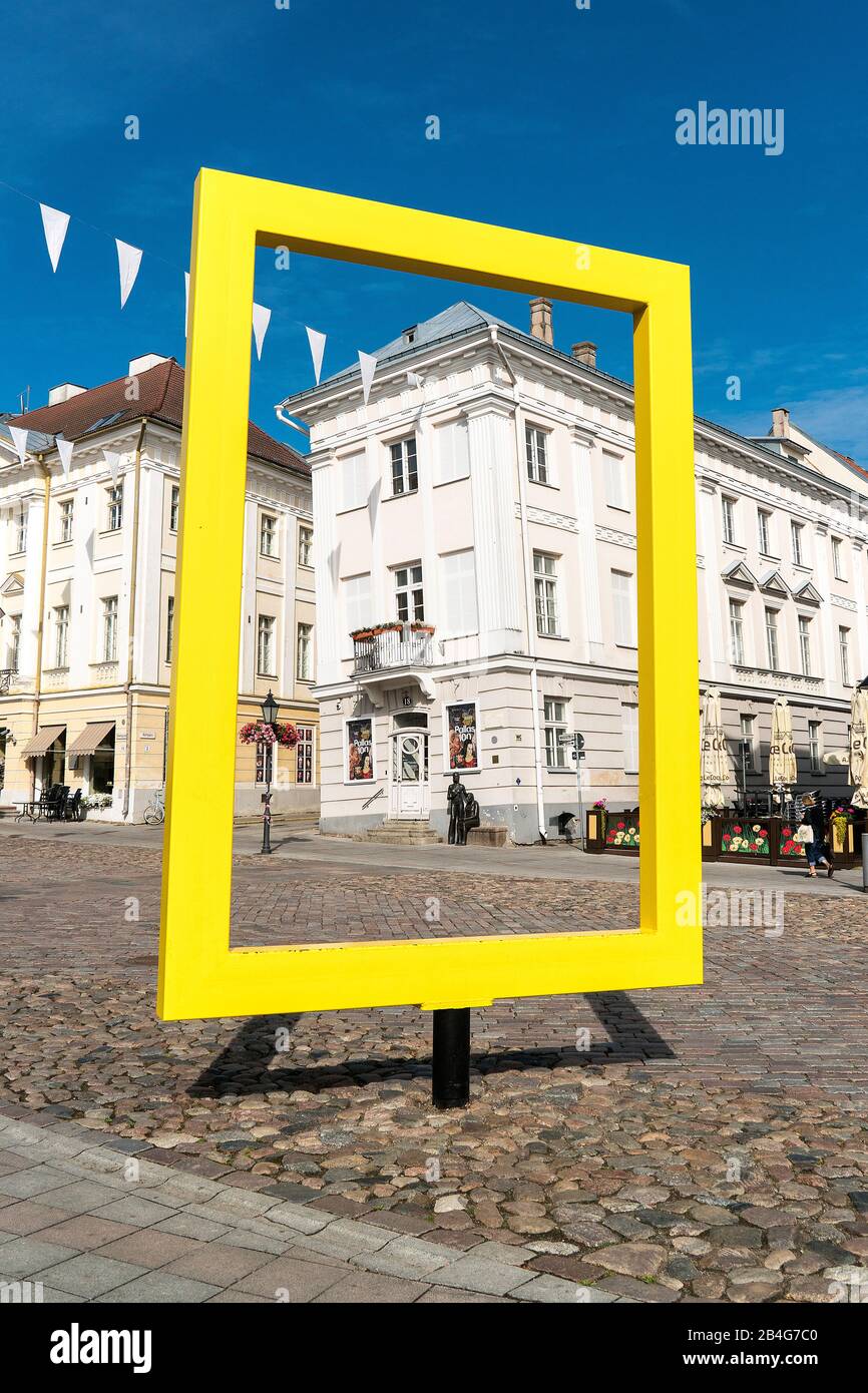 Estonia, Tartu, Town Hall Square, crooked house, yellow frame, National