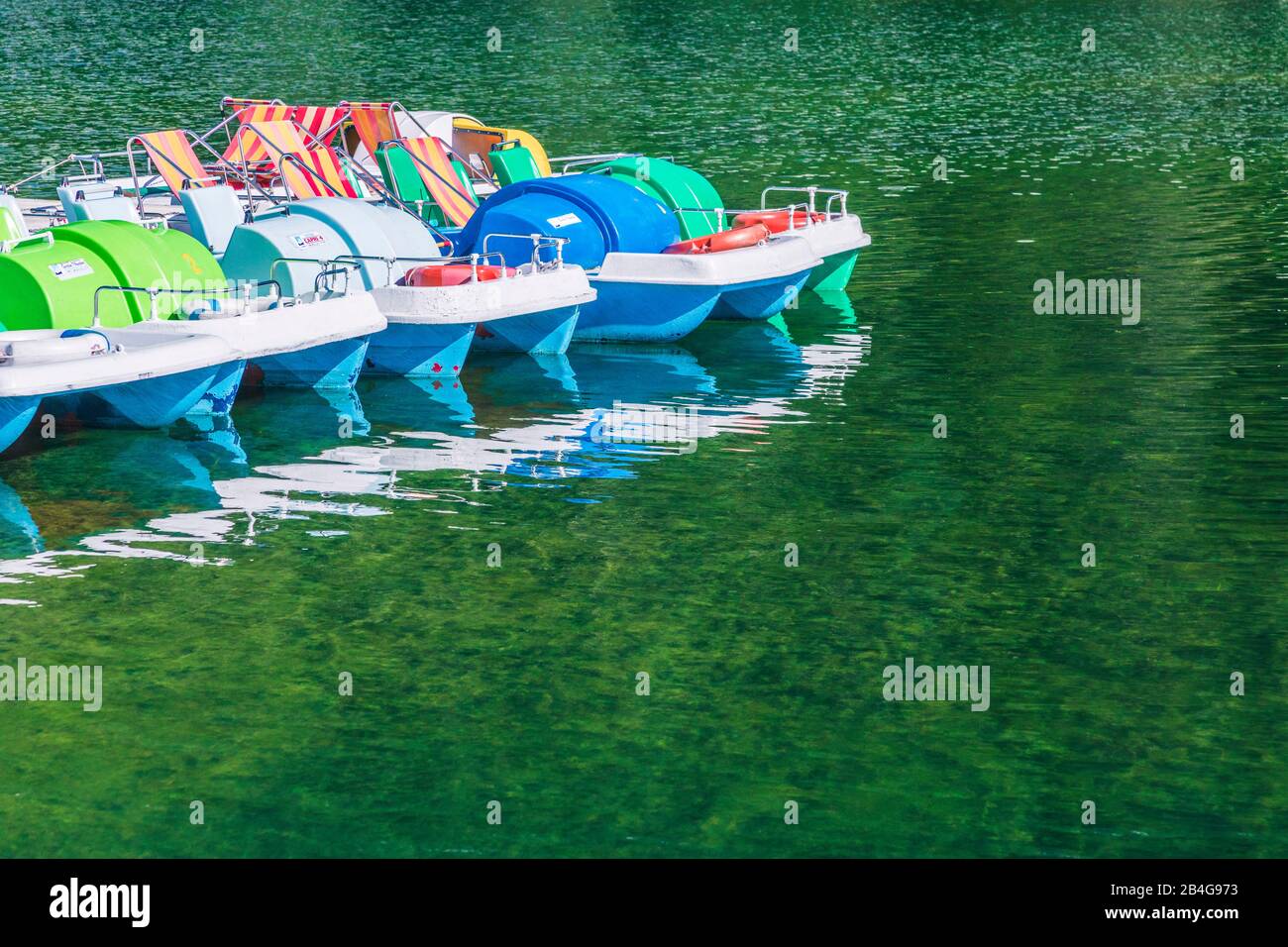 Detail of the pedal boats for tourists on the Lake of Misurina, Auronzo di Cadore, Belluno, Veneto, Italy Stock Photo