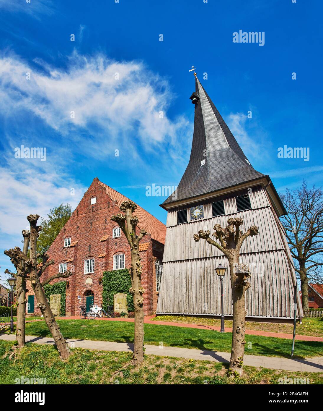 Germany, Lower Saxony, Altes Land, Jork, Evangelical Lutheran Church St. Matthias, Fisheye effect Stock Photo