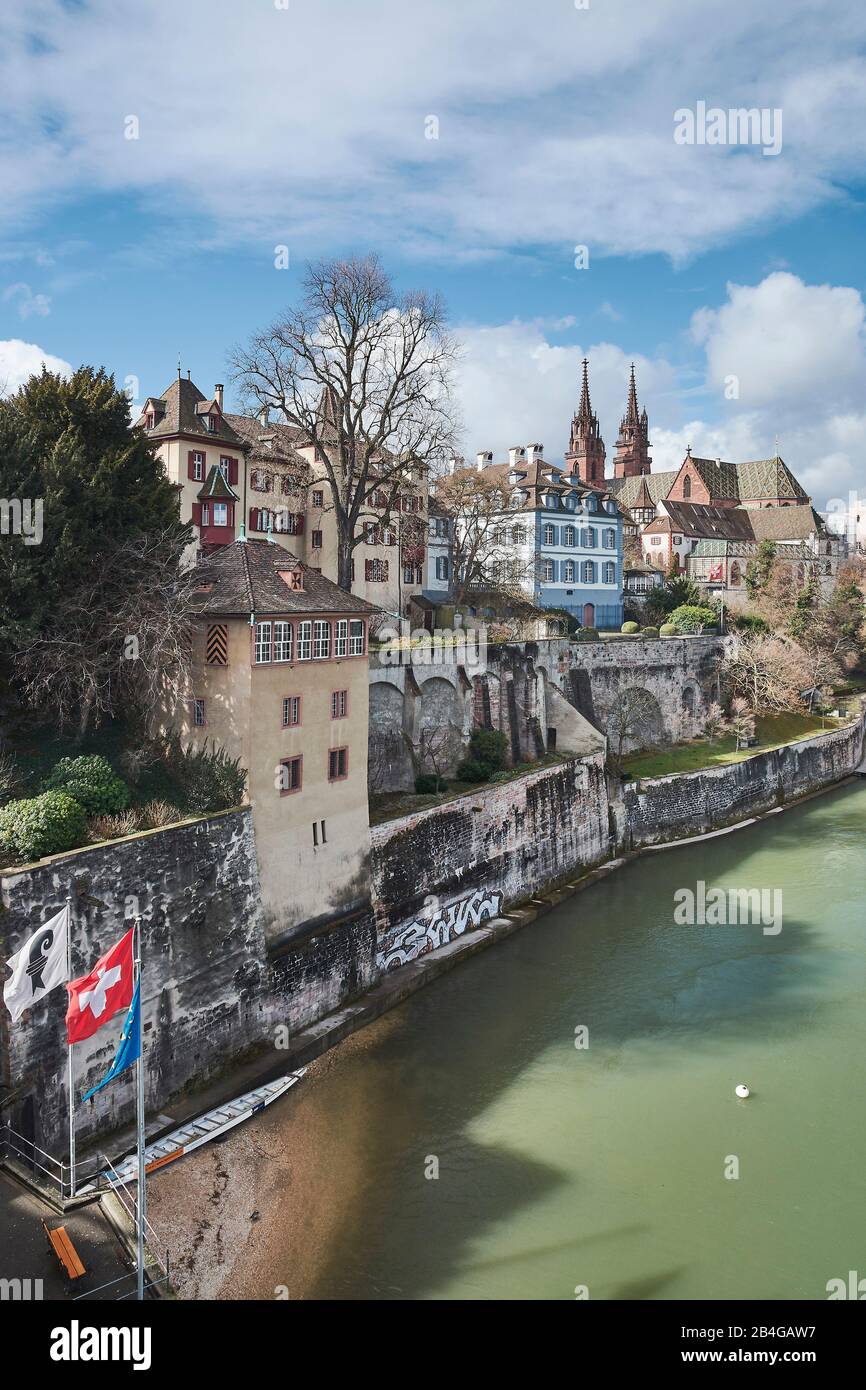 Europe, Switzerland, Basel, Rhine bank, old town Großbasel, medieval, with Basler Münster, at the bridgehead of Wettsteinbrücke, vertical format Stock Photo
