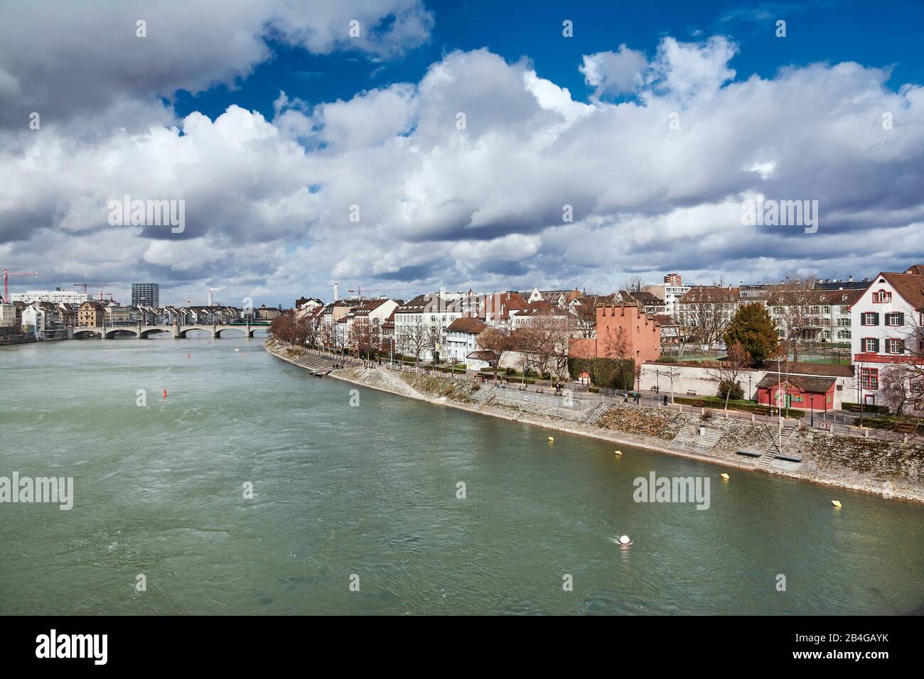 Europe, Switzerland, Basel, banks of the Rhine, panorama of Old Town Kleinbasel, Upper Rhine Trail and Middle Bridge, one of the oldest Rhine crossings between Lake Constance and the North Sea Stock Photo
