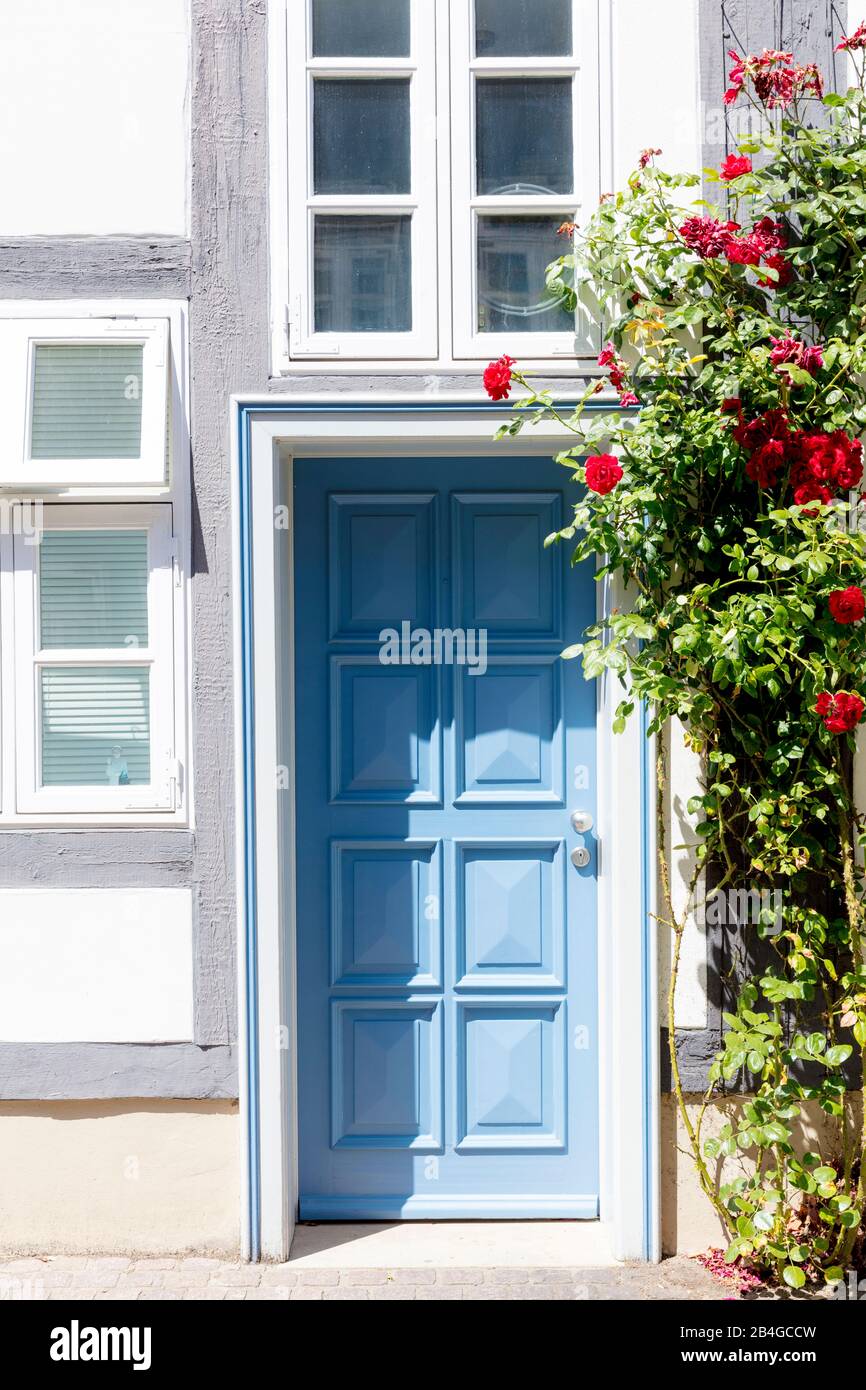 House facade, front door, windows, flower decoration, Wolfenbüttel, Lower Saxony, Germany, Europe Stock Photo