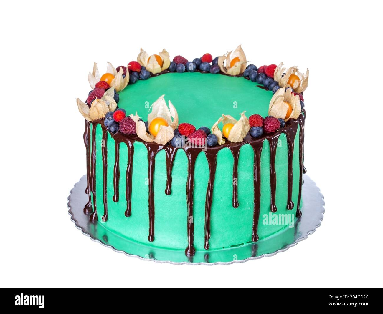 Delicious fruit green cake, for a birthday party. On a white background