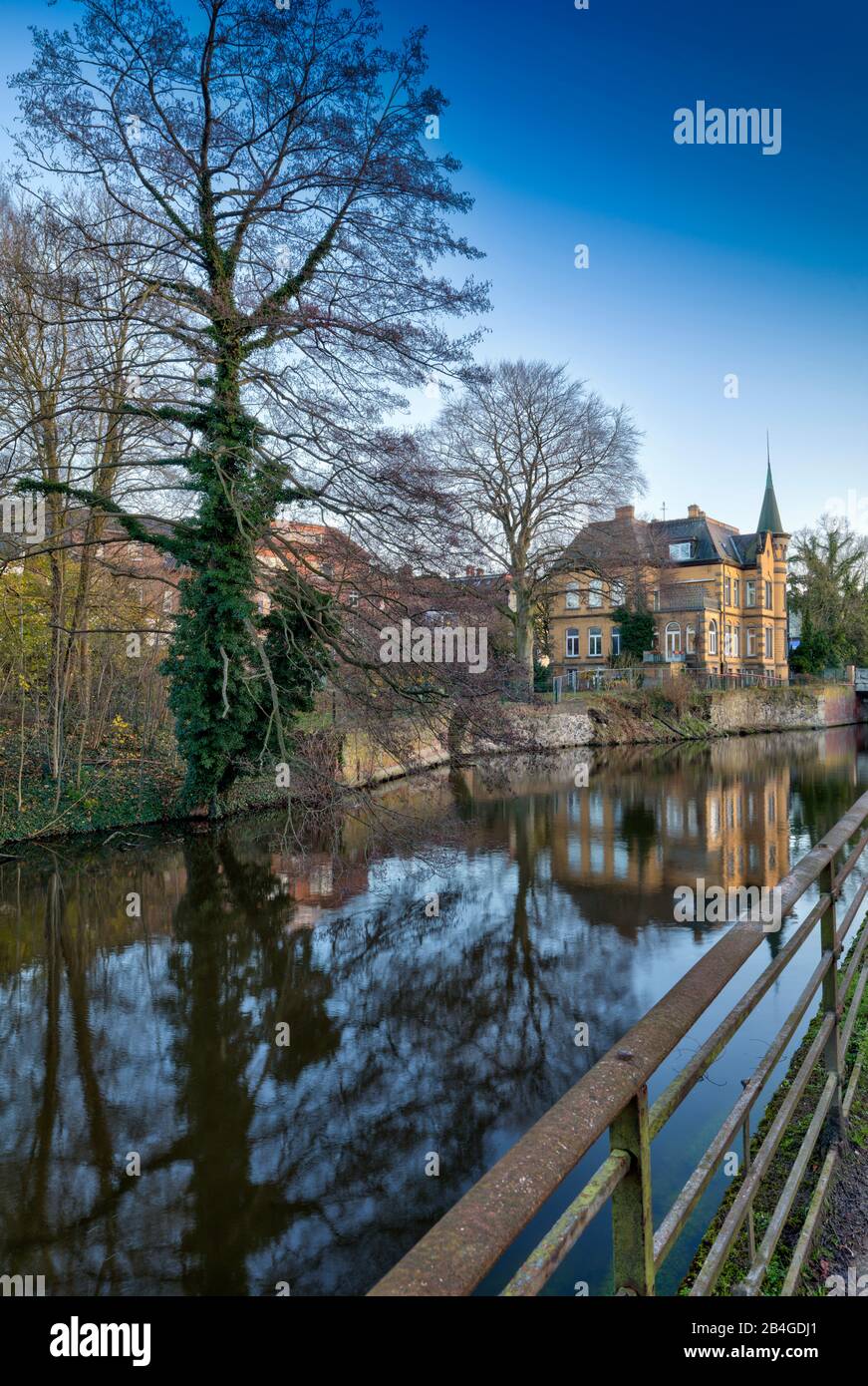City villa by the river, Ilmenau, Hanseatic city, autumn, winter, Lüneburg, Lower Saxony, Germany, Europe Stock Photo