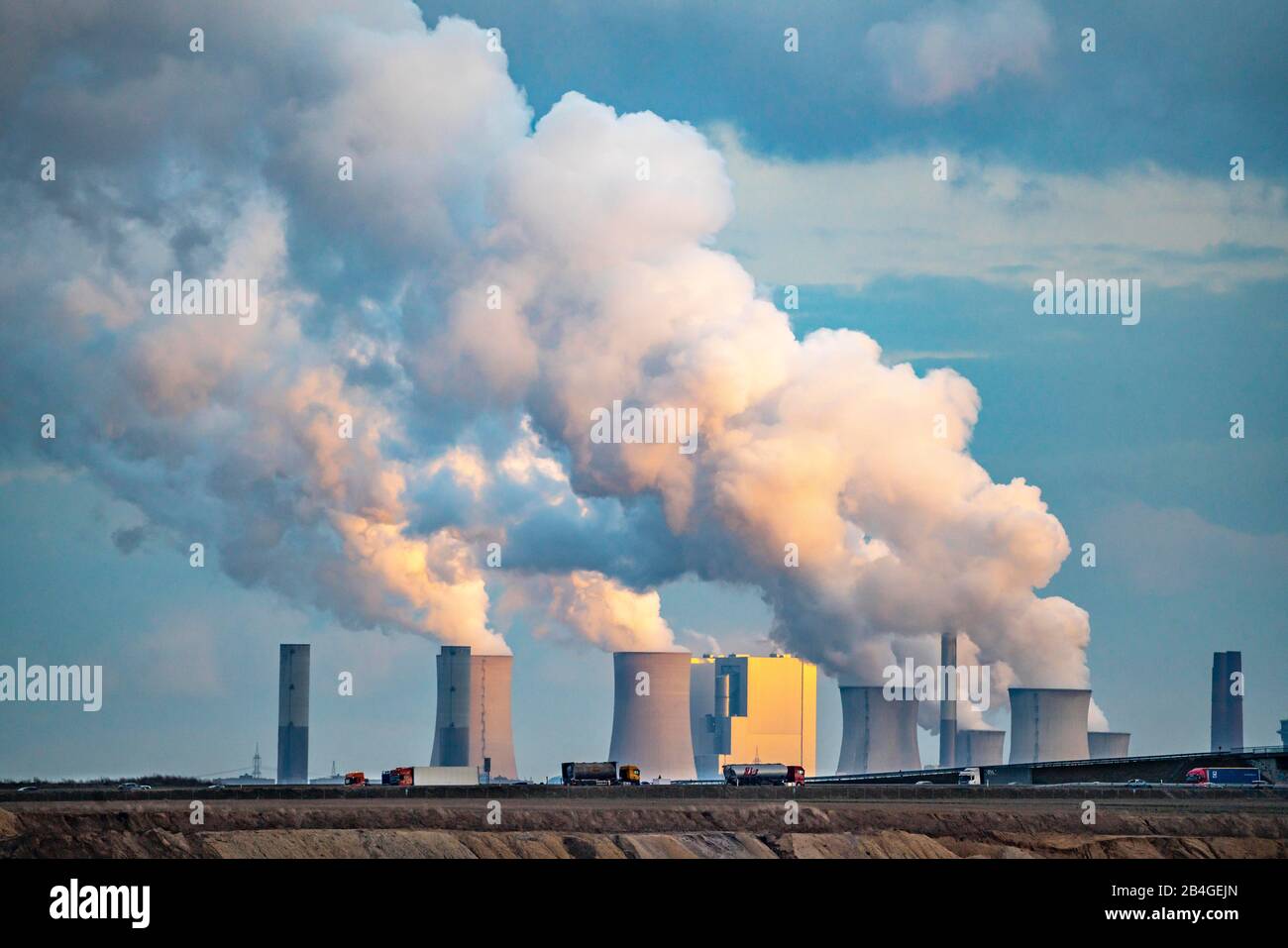 Lignite power plant Neurath, near Grevenbroich, motorway A44, Germany, Stock Photo