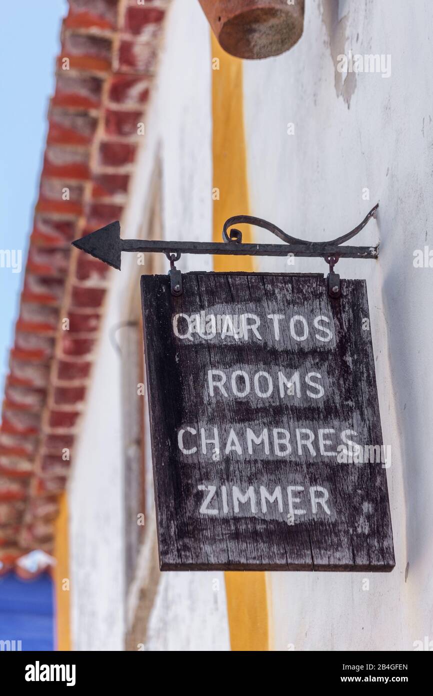 Vintage signs, signboards, rent rooms to tourists and residents. Obidos Stock Photo