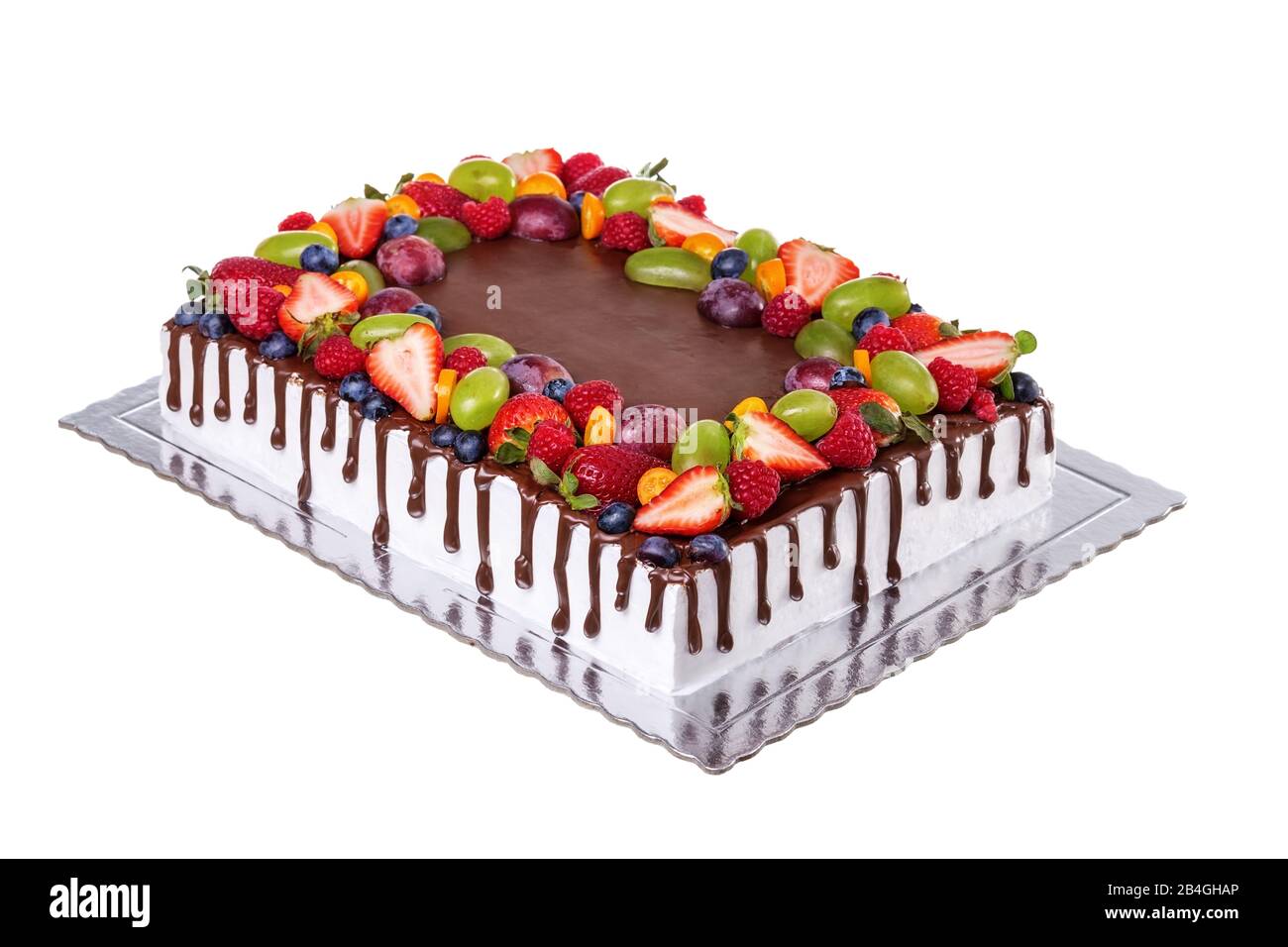 Fruit chocolate square birthday cake. On a white background Stock Photo -  Alamy