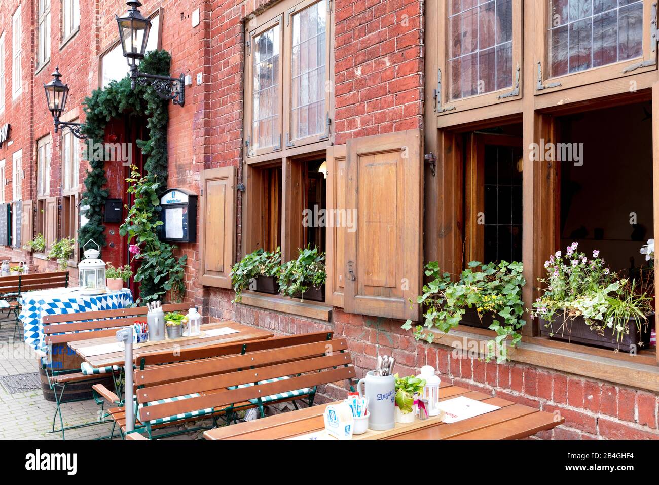 Cafe, gastronomy, windows, flower arrangements, Dutch Quarter, Potsdam, Brandenburg, Germany, Europe Stock Photo