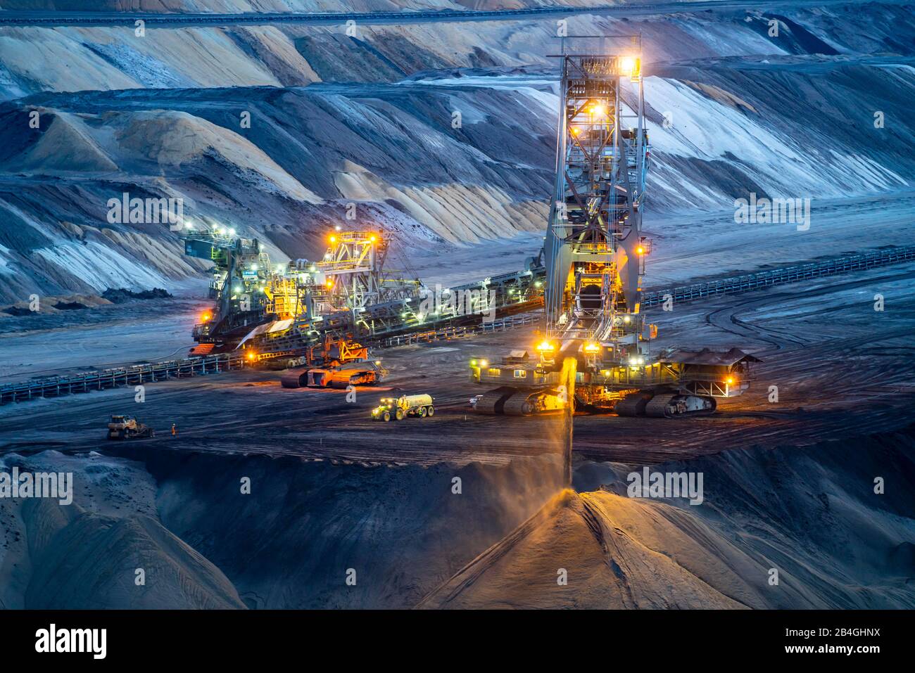 Lignite open pit mine Garzweiler II, spreader excavator fills up the pit at the eastern edge of the open pit, Germany, Stock Photo