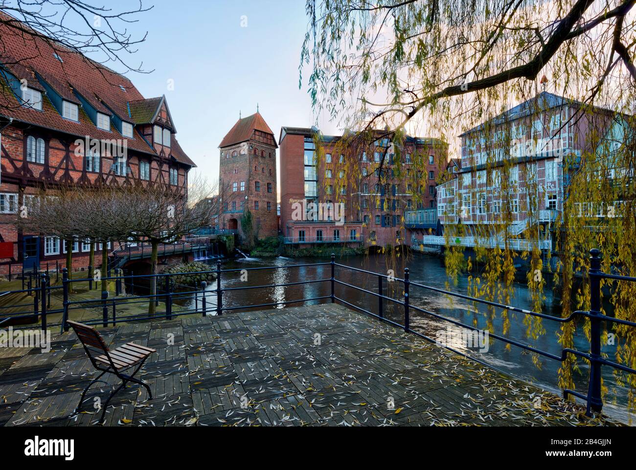 View over river Ilmenau on Hotel Bergström, winter, house facade, Hanseatic city, Lüneburg, Lower Saxony, Germany, Europe Stock Photo