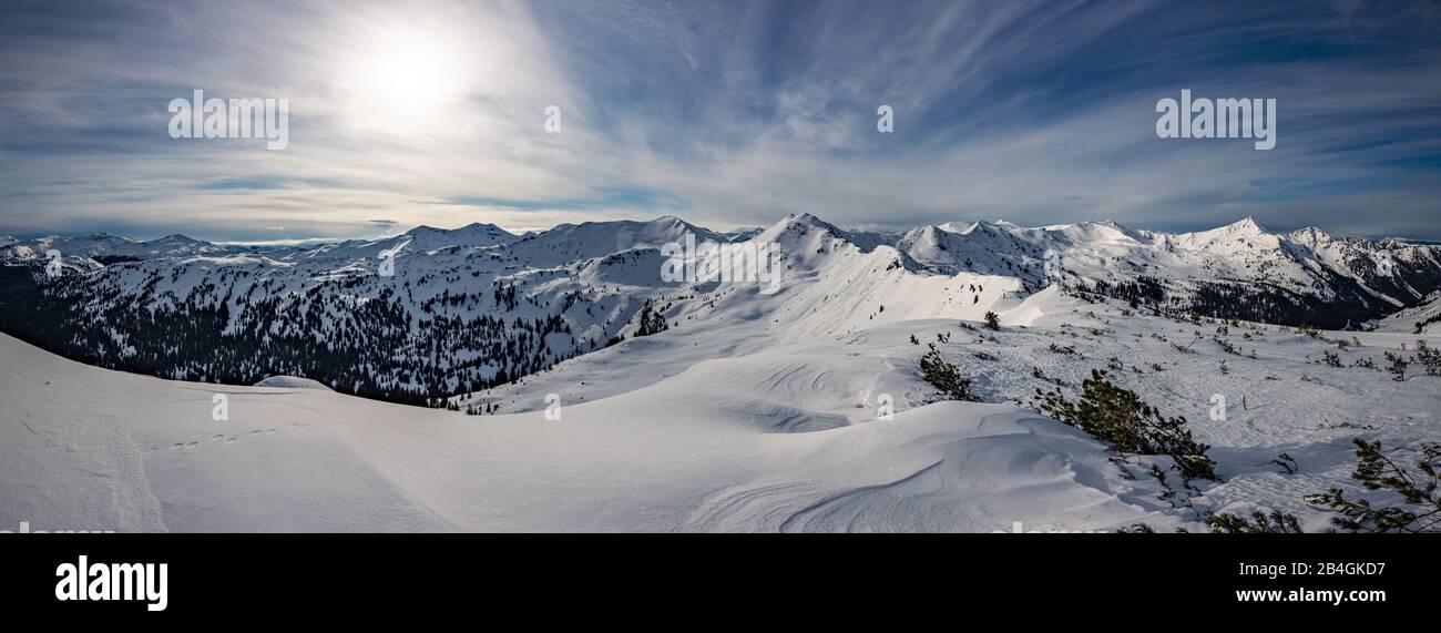 Snowy peaks, Planneralm skiing resort in winter,  Austrian Alps Stock Photo