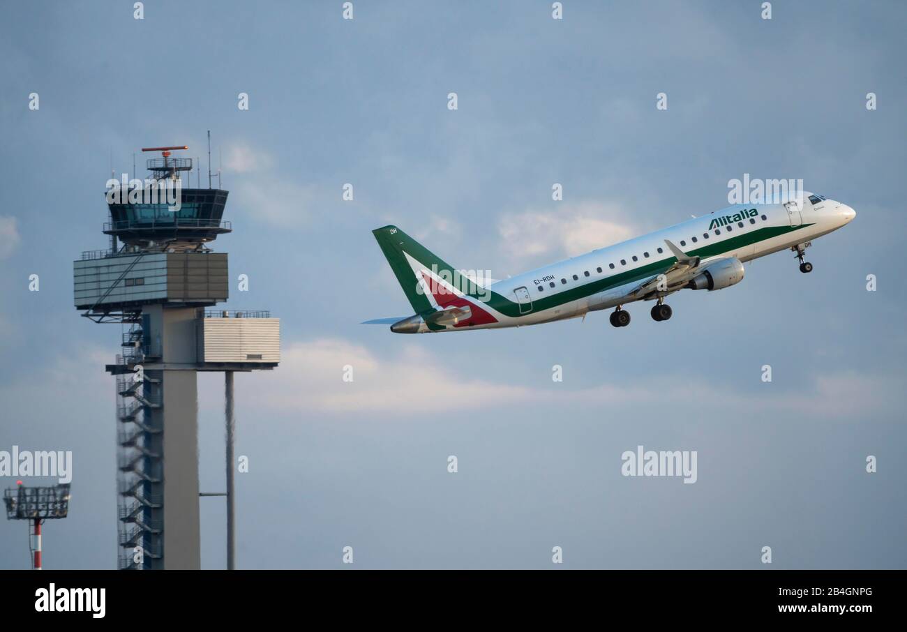 DŸsseldorf International Airport, DUS, aircraft at take-off, air traffic control tower, Alitalia, Embraer E175STD, Stock Photo