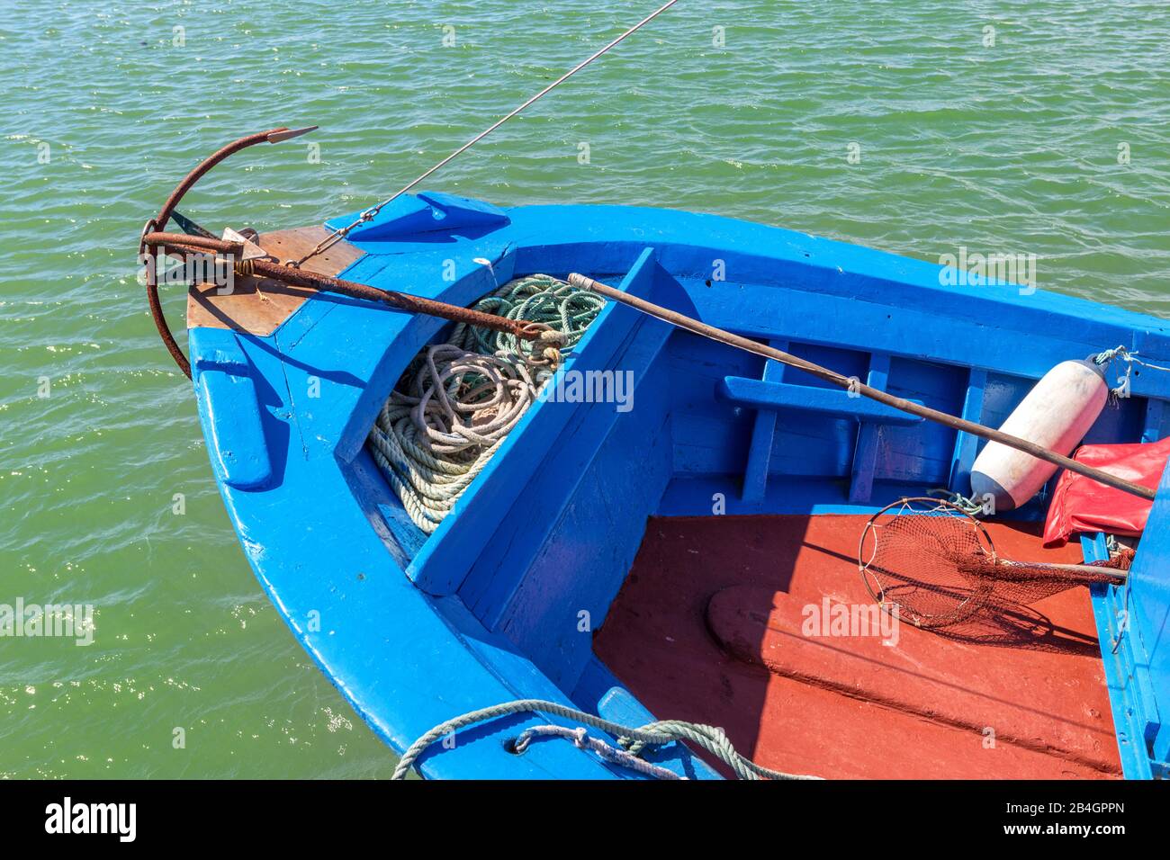 Anchor in a traditional Portuguese fishing boat. Prow Stock Photo