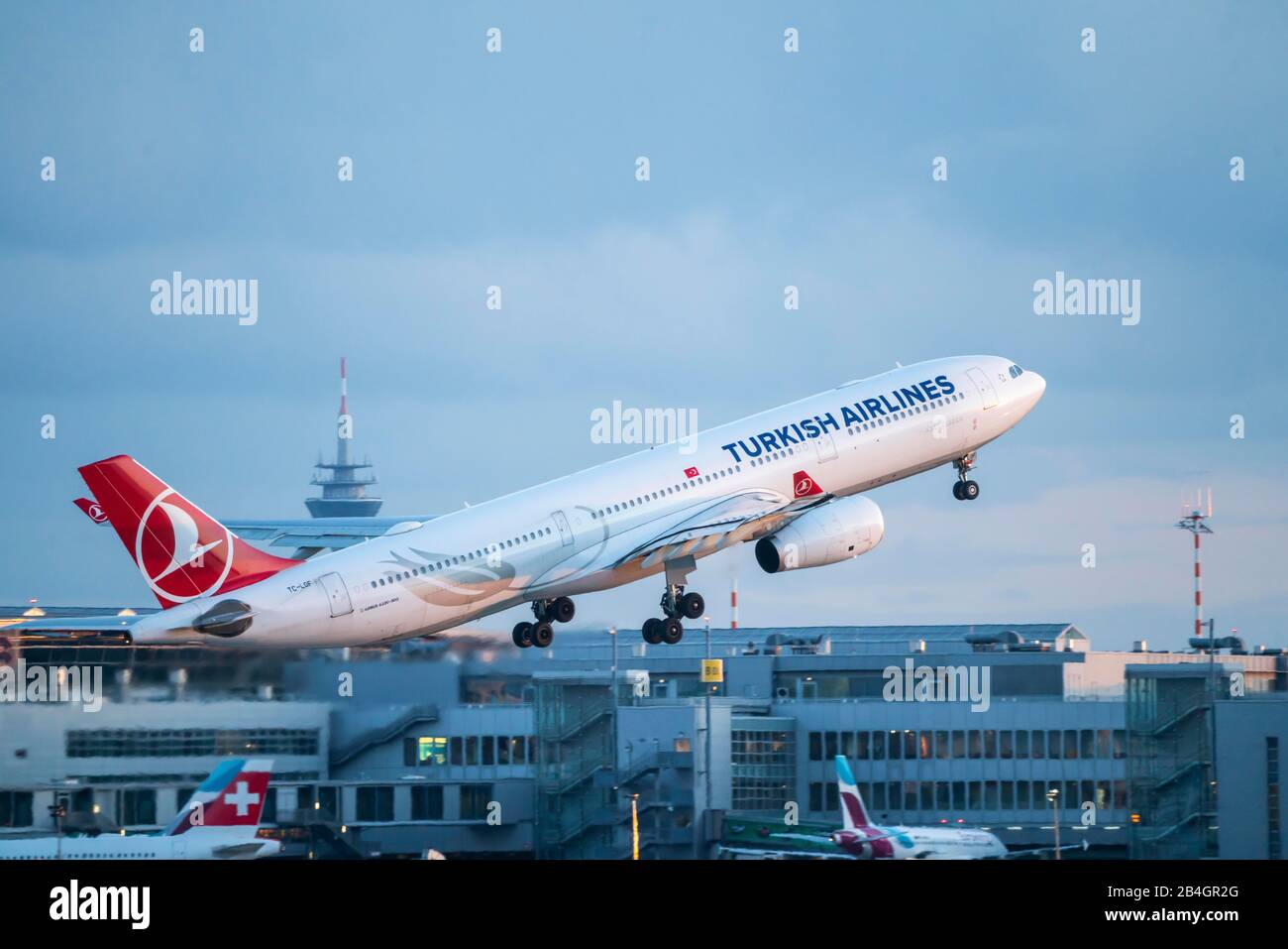 DŸsseldorf International Airport, DUS, aircraft at take-off, Turkish Airlines, Airbus A330-300, Stock Photo