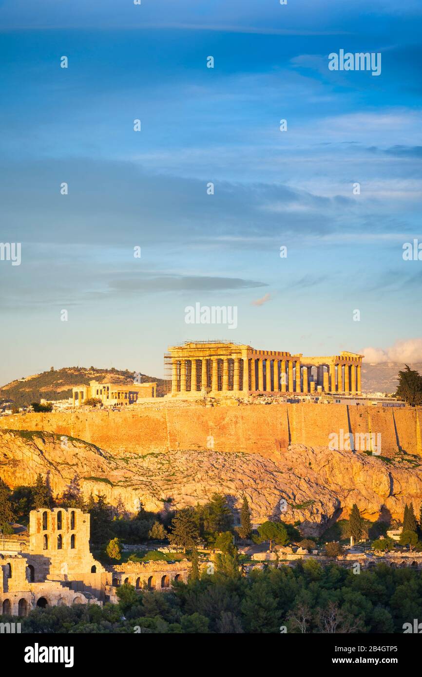 The Parthenon Temple at the Acropolis of Athens, Greece, during sunset Stock Photo