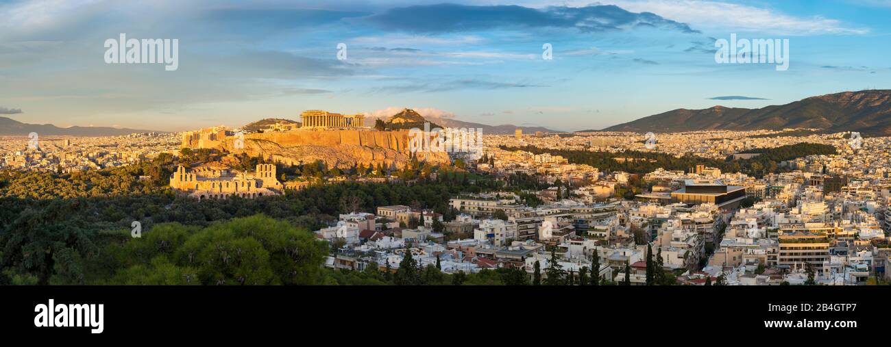 The Parthenon Temple at the Acropolis of Athens, Greece, during sunset Stock Photo