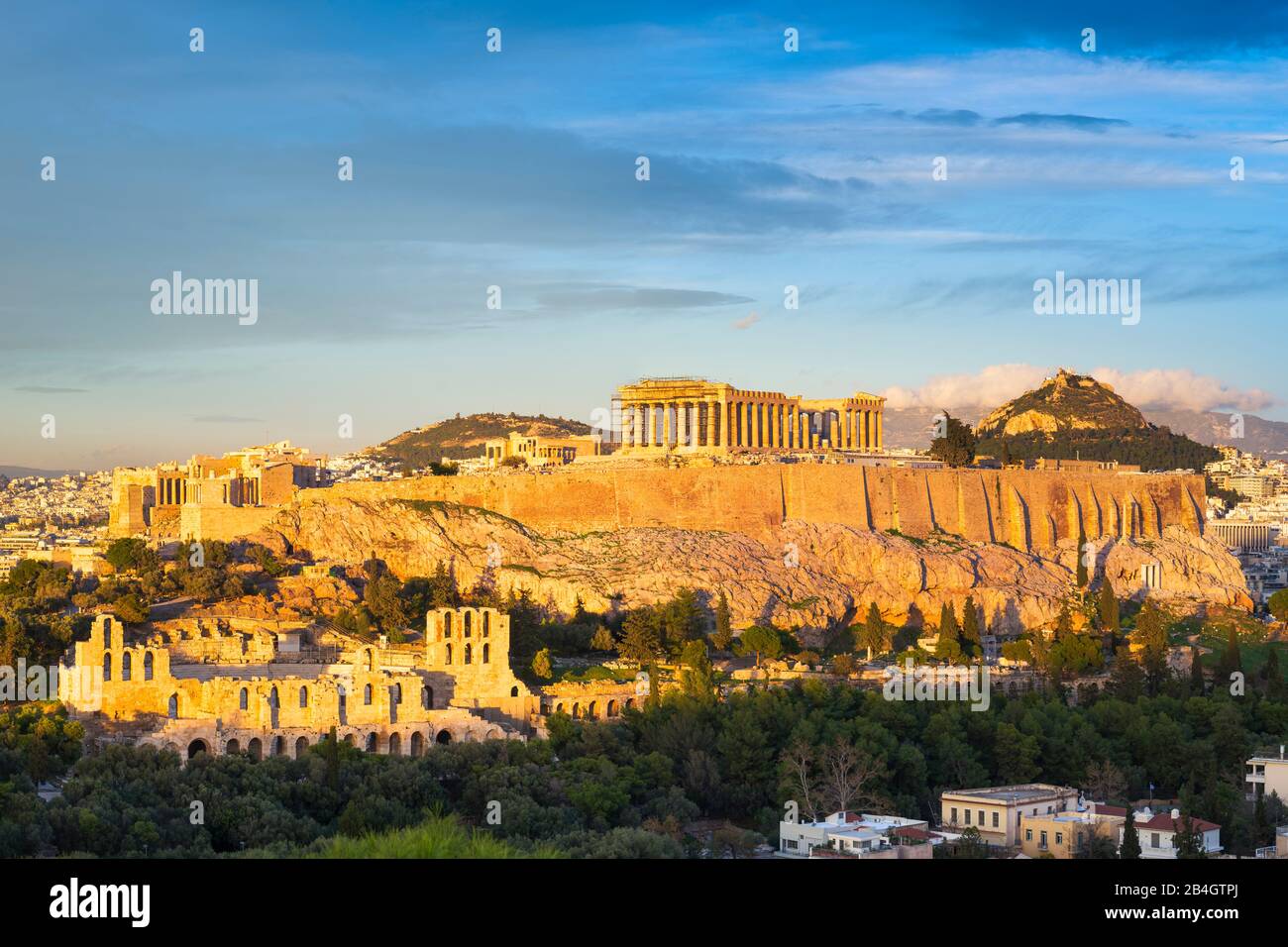 The Parthenon Temple at the Acropolis of Athens, Greece, during sunset Stock Photo