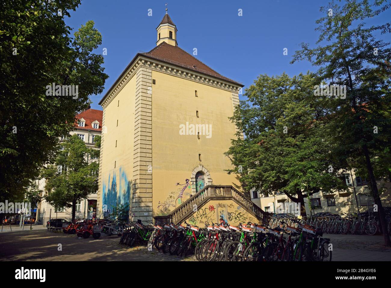 Europe, Germany, Bavaria, Munich, City, bunker in Blumenstrasse, parking for rental bikes and scooters, Stock Photo