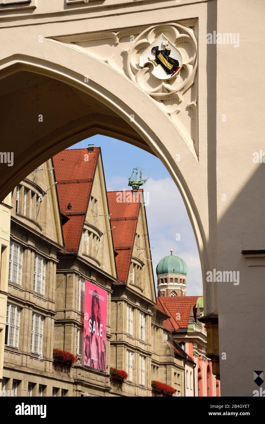 Europe, Germany, Bavaria, City of Munich, Stachus Karlsplatz, Karlstor, View of Neuhauser Strasse, coat of arms Münchner Kindl, Stock Photo