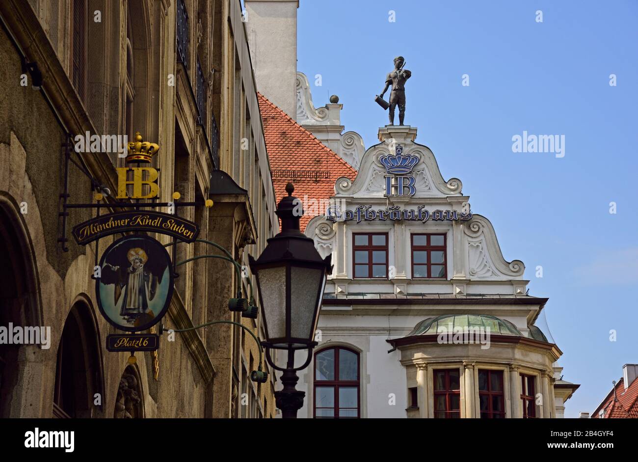 Europe, Germany, Bavaria, City of Munich, Old Town, Hofbräuhaus am Platzl, Münchner Kindl Stuben, Stock Photo