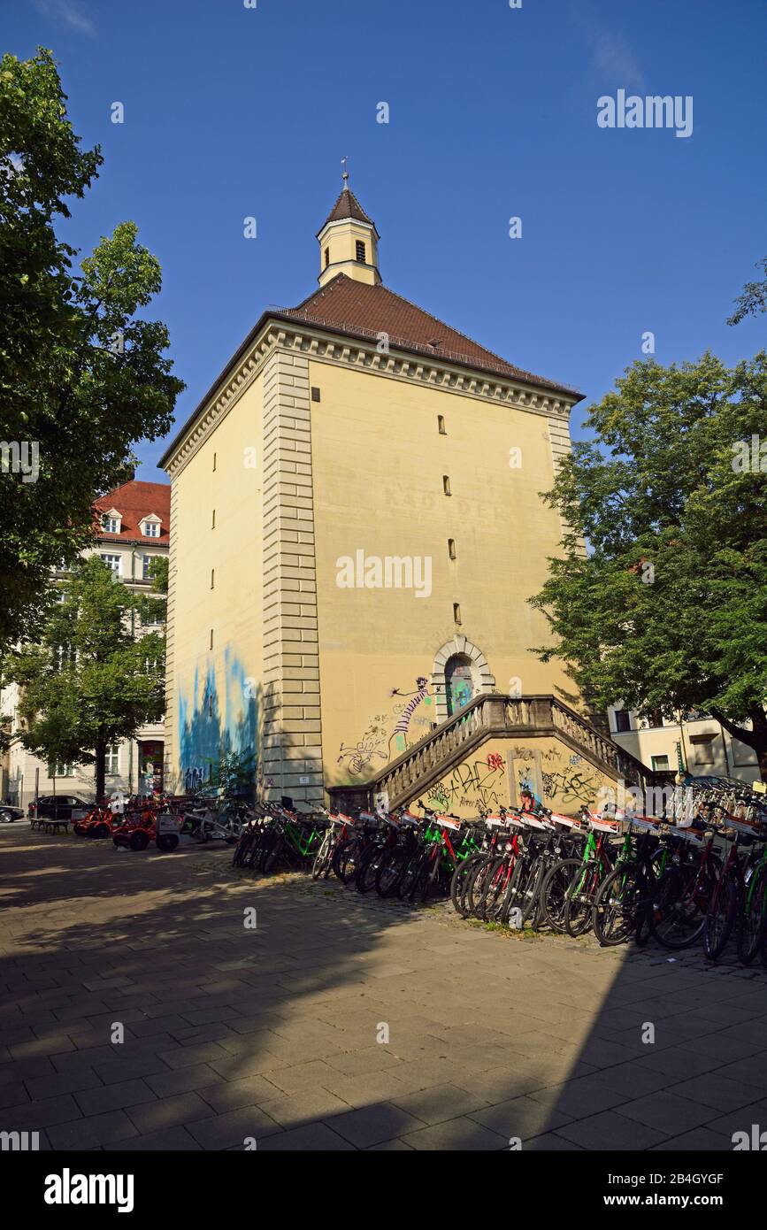 Europe, Germany, Bavaria, Munich, City, bunker in Blumenstrasse, parking for rental bikes and scooters, Stock Photo