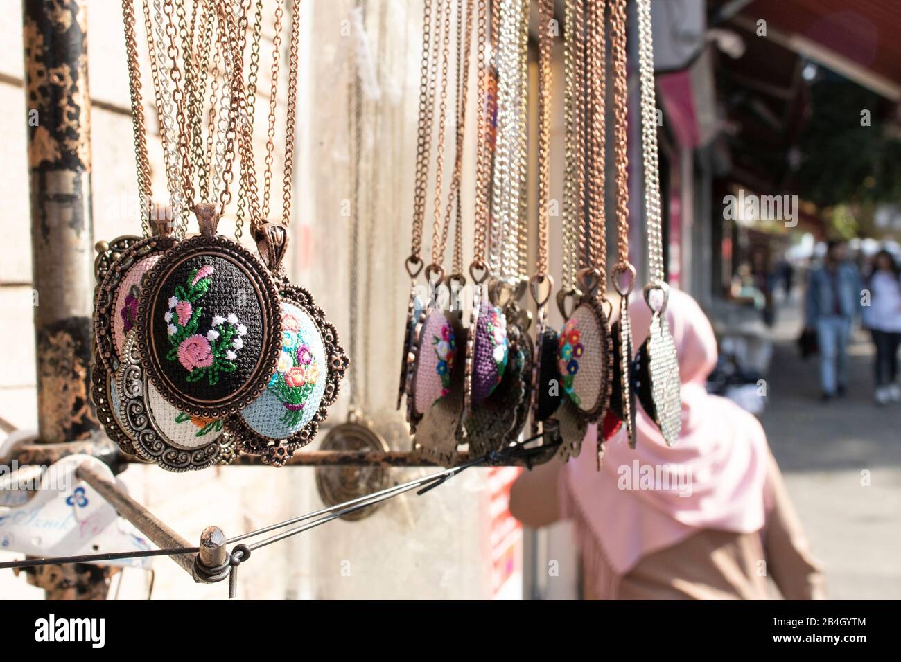 Necklace and bracelet shops in Istanbul's covered bazaar. Close up