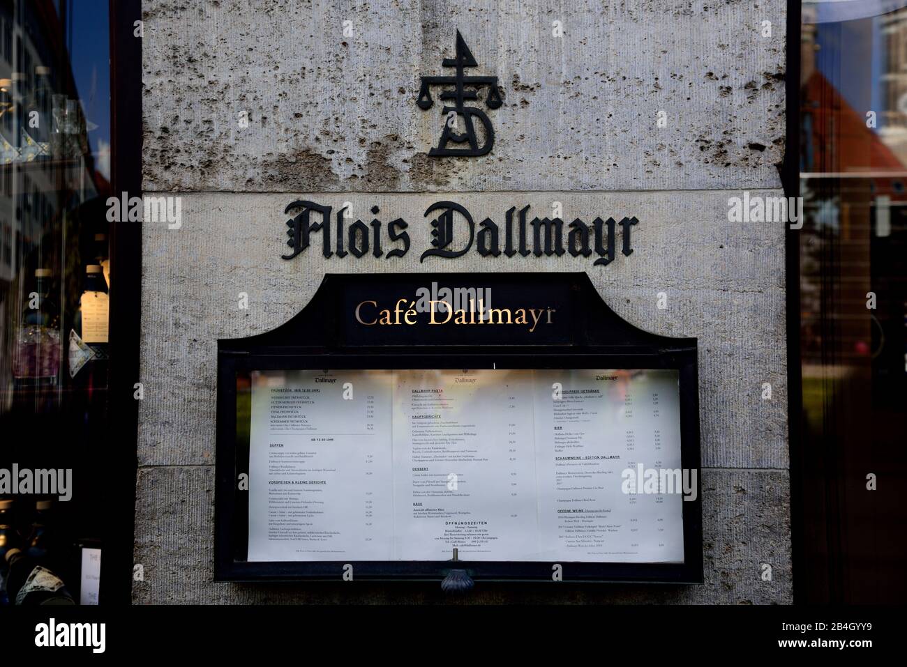 Europe, Germany, Bavaria, Munich, Dallmayr, delicacy and coffee, fine shop in the Dienerstrasse, notice Cafe Dallmayr, Stock Photo