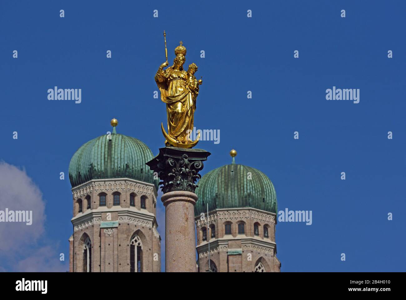 Europe, Germany, Bavaria, City of Munich, City, Marienplatz, Marian Column, Statue of Our Lady of 1590, Stock Photo