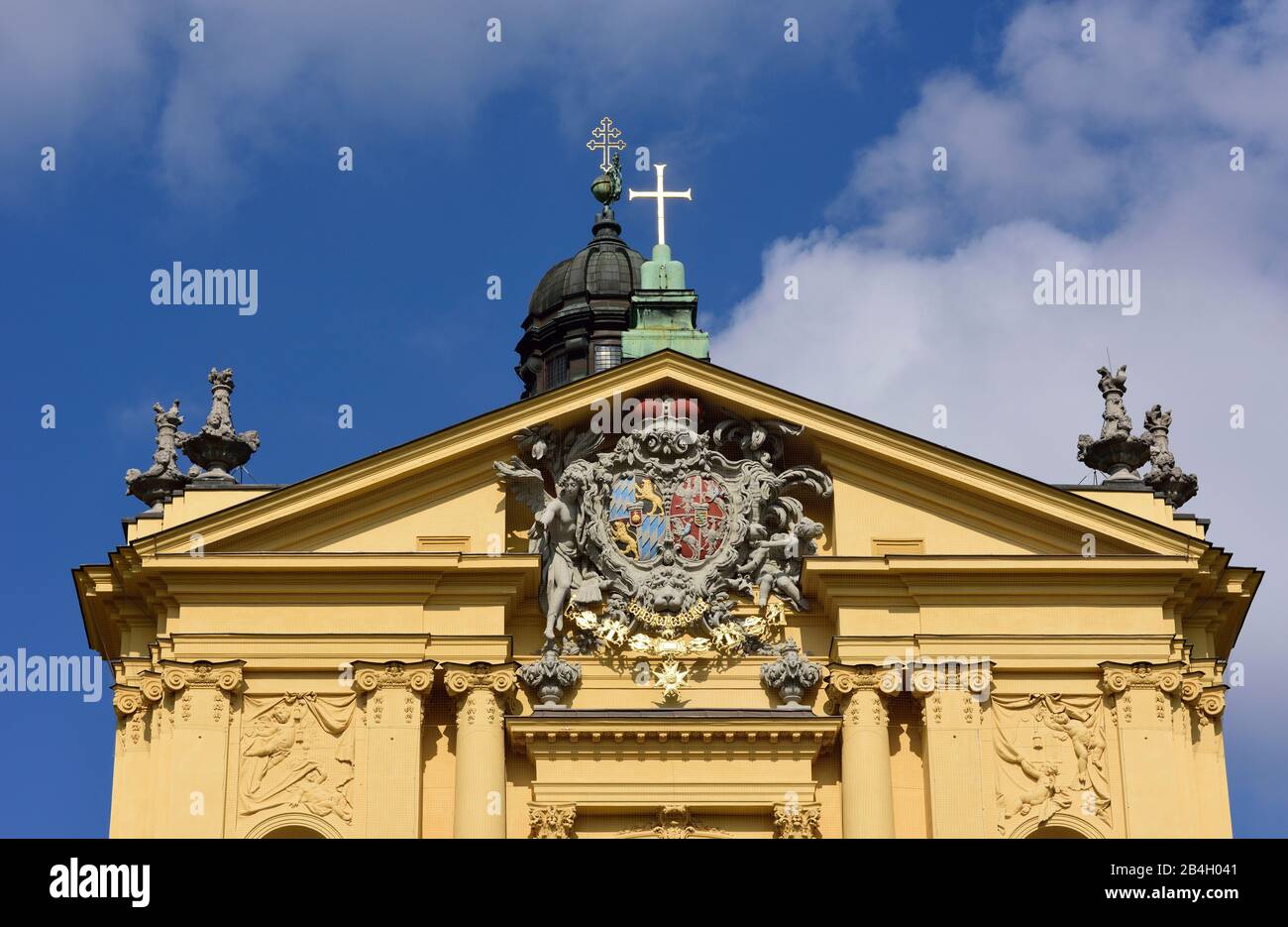 Europe, Germany, Bavaria, Munich, Odeonsplatz, Theatinerkirche from 1663, St. Cajetan, founder of the Theatinerordens, gables, figurine jewelry and coats of arms, Stock Photo