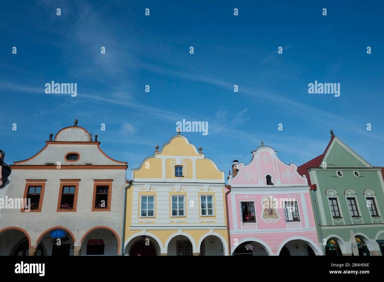 Czech Republic, Telc. The town was founded in the 13th century as a royal water fort on the crossroads of busy merchant routes between Bohemia, Moravia and Austria. Stock Photo