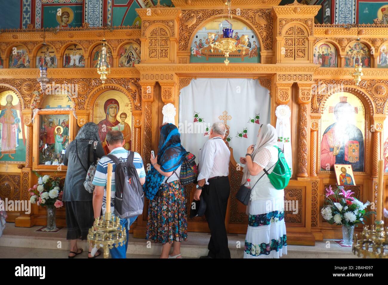Believers pay respect to Virgin Mary at Greek Orthodox Church, Jerusalem. Stock Photo